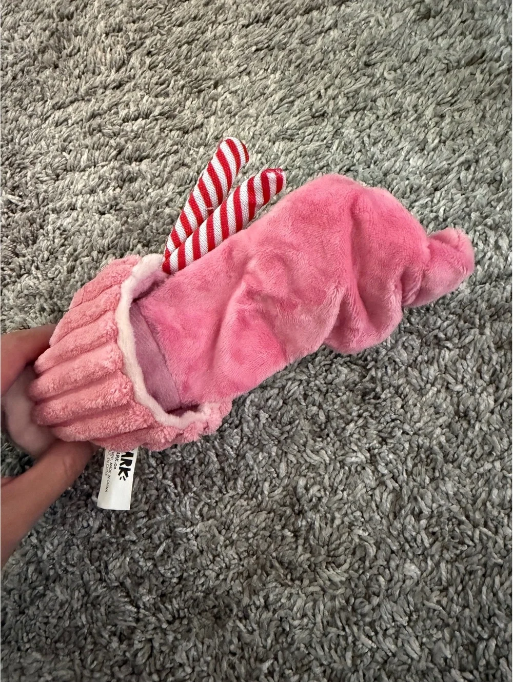 BARK Pink Plush Dog Toy Shaped Like a Dessert with Candy Cane Accents (Small)